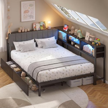 VOWNER Full Corner Bed Frame with Storage and RGB LED Lights, Grey | Upholstered Full Bed Frame with 2 Drawers and Charging Station for Kids Teens, Metal Platform Daybed for Bedroom & Guest Room