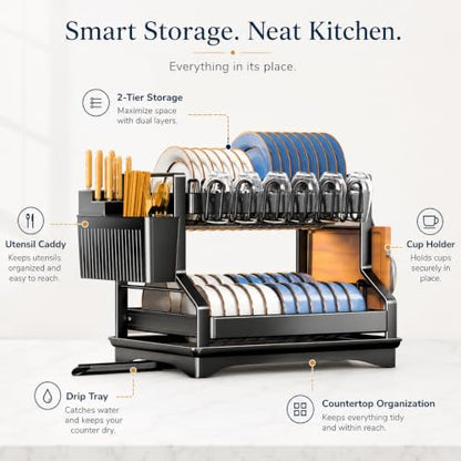 Fandian Black Dish Drying Rack 2 Tier Dish Racks for Kitchen Counter and Sink, Large Dish Drying Rack with Drainboard & Utensil Holders Stainless Steel Dish Drainers Kitchen Organization and Storage - color: Black Dish Racks