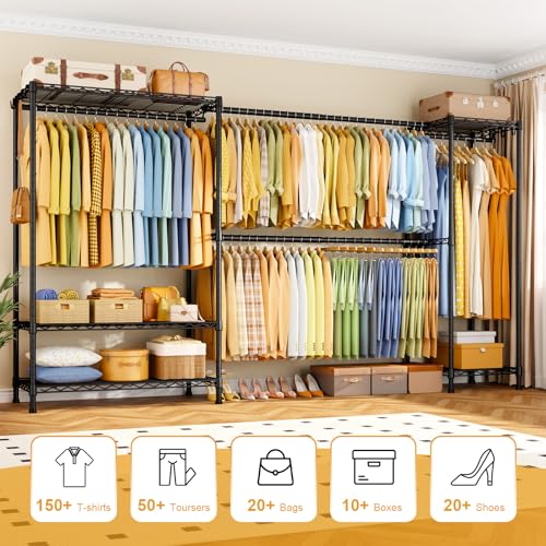 E17 Heavy-Duty Clothes Rack with 2 Expandable Hanging Rods, Black | (78-102.7)”W x 15.7”D x 76.6”H Adjustable Clothing Racks with Shelves, Metal Closet Wardrobe System for Hanging Clothes - color: Black