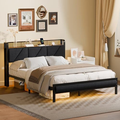 Queen Bed Frame with Storage Shelf and Upholstered Headboard | Metal Platform Bed with LED Light, Charging Station and Heavy Duty Slats, No Box Spring Needed, Noise Free & Easy Assembly - size: Queen, style: Bed Frame