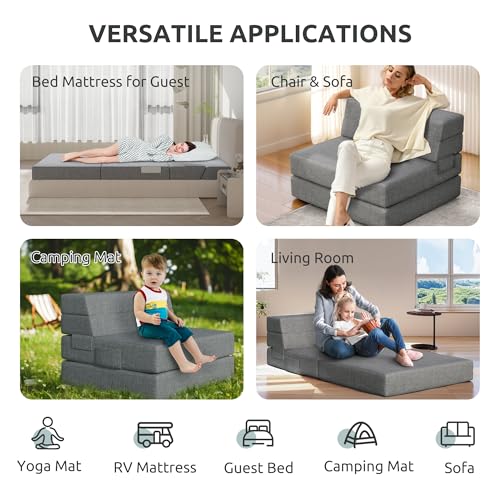 Youzi Foldable Sofa Bed Twin, Sleeper Sofa Bed Couch for Guests, 6 Inches Four-fold Foam Folding Chair for Home and Livingroom, Washable Cover, Dark Gray, 75" x 39" x 6" - size: Twin