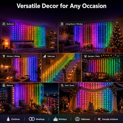 Smart Curtain Lights Outdoor 400LED App Music Timer USB 6.6x6.6FT | App controlled LED curtain lights for bedroom, window, patio, party, wedding and Christmas backdrop