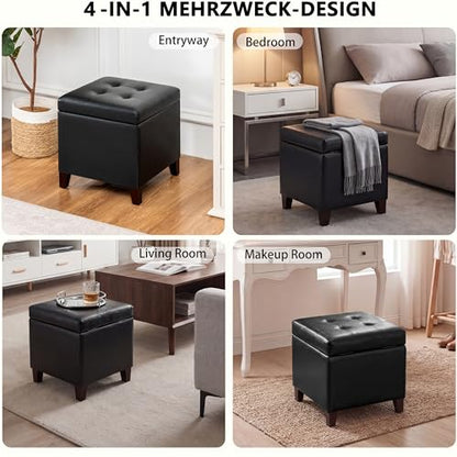 Storage Ottoman, 17" Fuax Leather Square Tufted Footrest Stool with Hinged Lid & Wooden Legs, Extra Seat or Coffee Table for Living Room, Bedroom, Entryway, Black - color: Black Leather