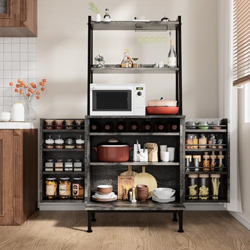 58” Pantry Cabinets with Microwave Shelves, Freestanding Kitchen Storage Cabinet with Adjustable Shelves, Buffet Cupboards for Kitchen, Dining Room, Living Room Use, Dark Gray Oak - color: B-58" Dark Grey