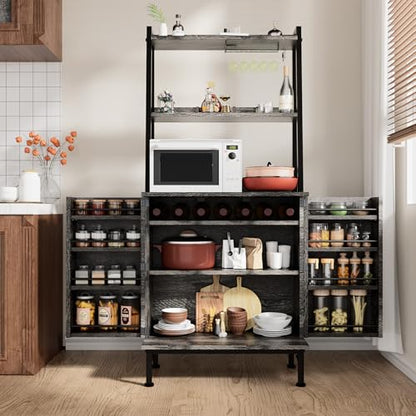 58” Pantry Cabinets with Microwave Shelves, Freestanding Kitchen Storage Cabinet with Adjustable Shelves, Buffet Cupboards for Kitchen, Dining Room, Living Room Use, Dark Gray Oak - color: B-58" Dark Grey