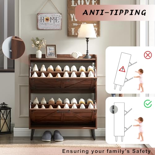 Barnyatoh Shoe Storage Cabinet with 2 Flip Drawers,Hidden Shoe Organizer | Farmhouse Freestanding Narrow Slim Shoes Rack Cabinet with Adjustable Shelves for Entryway Hallway,Walnut - color: Walnut