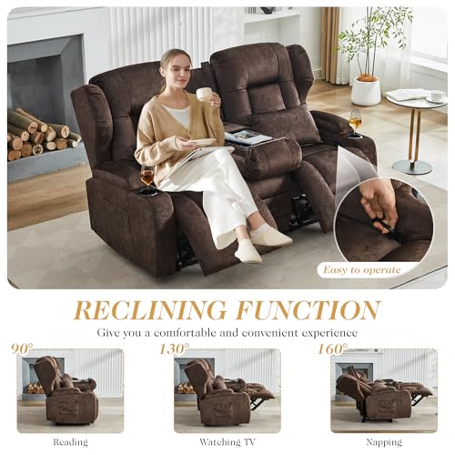 Loveseat Recliner Sofa,RV Wall Hugger Recliners with Flip-up Console,Reclining Loveseat Sofa Recliner with Cup Holders/Lumbar Pillows for Small Spaces,RV Furniture (Chestnut,68" 2-Seater) - color: Chestnut, size: 68" 2-Seater