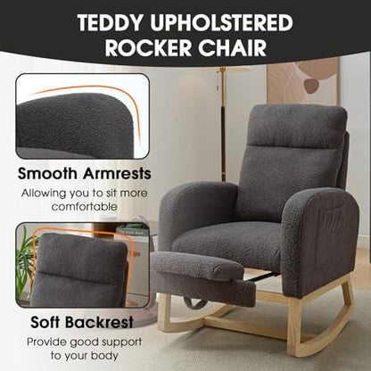 NIOIIKIT Modern Nursery Rocking Chair, Teddy Upholstered Rocking Chair with Footrest, Comfortable Rocker Chair with Side Pocket, Rocker Chair for Living Room, Bedroom, Nursing Room (Grey) - color: Grey