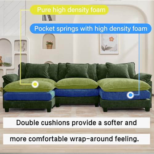 120" Modular Sectional Sofa, Comfy Deep Cloud Couch with Ottoman | U-Shaped Couches for Living Room, Modular Couch, Deep and Wide Seat, Chenille Sofa Sleeper with Throw Pillows, Green - color: Green, size: 120 Inch U