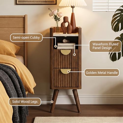 Narrow Nightstand with 2 Drawers, Wooden Bedside Table with Open Storage Space, Easy Install Slim Night Stand for Apartments, Narrow Bedroom Corners, Living Room End Table