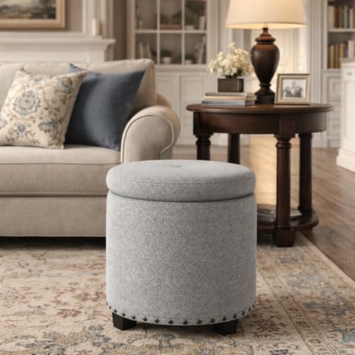 HomePop 18.5" Round Storage Ottoman with Nailheads - Heathered Gray - color: Heathered Gray