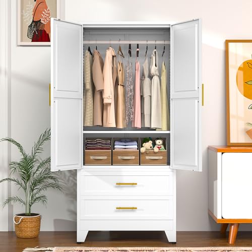 GAIOUS Metal Wardrobe Cabinet with Hanging Rod, Clothing Storage Cabinets | with 2 Door, 1 Adjustable Shelf and 2 Drawers, 71" Steel Armoire Wardrobe Closet for Bedroom, Gym, Cloak Room (White) - color: 2 Drawer White, size: 17.71"D x 31.5"W x 71"H