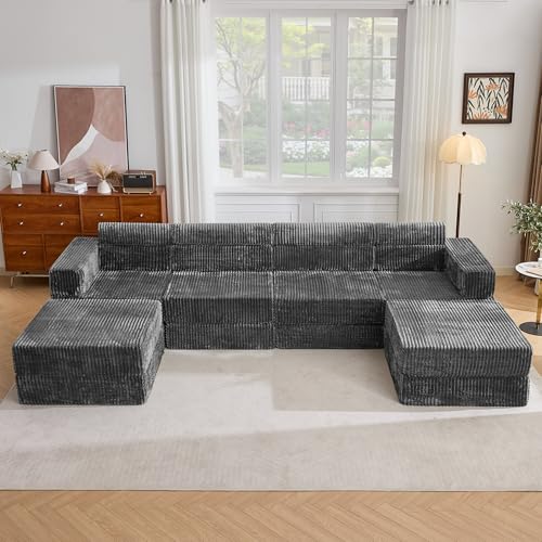 Tbfit 142” Modular L Shaped Sectional Boneless Couch, Convertible Futon Sofa Bed, Corduroy Cloud Mattress Sleeper Sofa, Comfy Folding Upholstered Floor Couches for Living Room, Bedroom, Grey - color: Grey, size: U Shaped Sofa