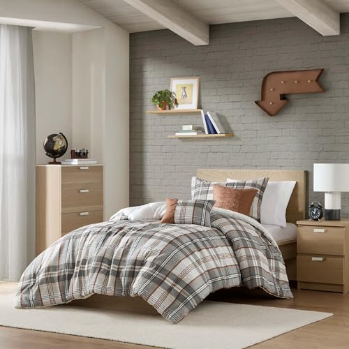 Intelligent Design Plaid Lodge Modern Tan/Gray Twin Comforter Set, 4pc | Girls Bedroom Bedding, Back to School, Casual, Lightweight, All-Season, Machine Washable, Easy Care, Cozy, Breathable, Soft - color: Tan/Gray, size: T/TXL Comforter