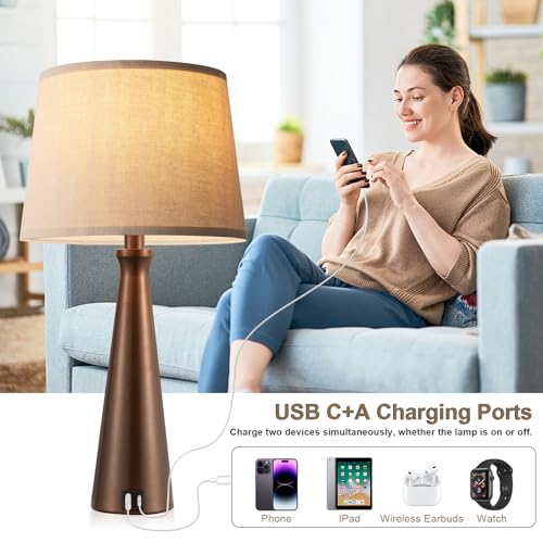 Modern Touch Lamps for Nightstand, 3 Way Dimmable Bedroom Lamp Set of 2 | USB C+A Charging Ports, Brown Bedside Lamps for Bedroom, Living Room, End Table, Bed Side, LED Bulb Included - color: F. Brown Base-Oat Shade