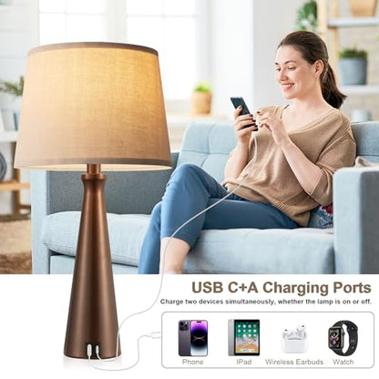 Modern Touch Lamps for Nightstand, 3 Way Dimmable Bedroom Lamp Set of 2 | USB C+A Charging Ports, Brown Bedside Lamps for Bedroom, Living Room, End Table, Bed Side, LED Bulb Included - color: F. Brown Base-Oat Shade