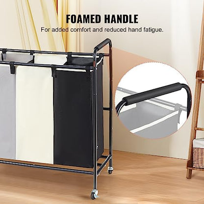 VEVOR 3-Section Laundry Basket, Heavy Duty Laundry Hamper Storage Organizer, Laundry Sorter Cart with Heavy Duty Lockable Wheels for Dirty Clothes in Laundry Room Bedroom