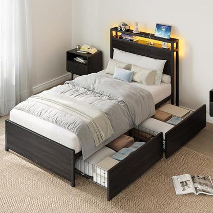 LIKIMIO Twin Bed Frame with DIY Layout Storage Drawers and LED Light | Black Platform Bed with 2-Tier Storage Shelf Headboard, Built-in Charging Station, Suitable for Teen Rooms, Small Space - size: Twin