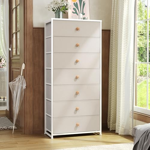 Fabric Dresser for Bedroom, Wide 7-Drawer Tall Vertical Tower (Beige) | Wooden Top, Steel Frame, Easy Pull Bin,Organizer Unit for Living Room, Hallway, Entryway, Nursery, Closets - color: Beige, style: Wide-7 Drawers