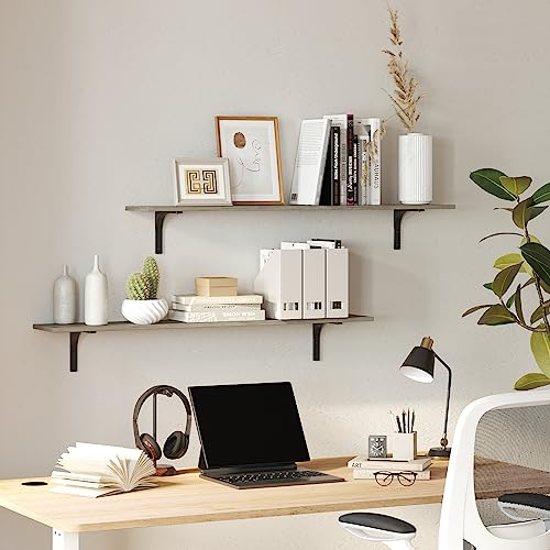 Long Wall Shelves, 31.5Inch Wooden Wall Mounted Shelves, Set of 2 | Floating Book Shelf, Metal Brackets, Easy Assembly, Max Load 22lbs, Wall Storage Ledges, Bedroom/Bathroom/Kitchen, Gray Wash - color: Gray Wash, size: 31.5 Inch