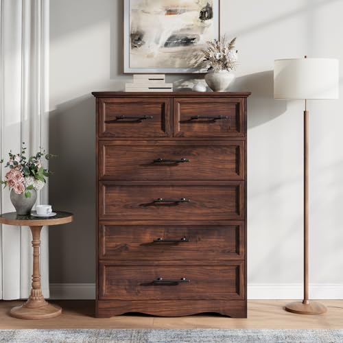 YANSNWO Walnut 6 Drawer Dresser for Bedroom, 44" Tall Chest of Drawers | Brushed Metal Handles, Unique Base Design, Replicated Wood Grain Finish, Modern Farmhouse for Bedroom/Living Room/Hallway - color: Walnut, size: 15.7"D x 31"W x 44.3"H (6 Drawers)