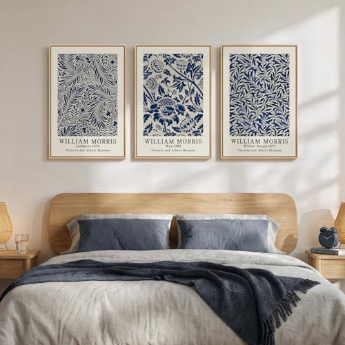 Framed William Morris Wall Art Set of 3, Large Vintage Blue Botanical Floral Canvas Prints, Farmhouse Aesthetic Wall Decor for Living Room Bedroom Hallway Office, 16x24 Inch - color: Blue, size: 16"W x 24" H x 3Pcs