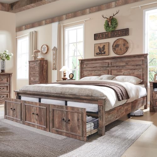 Aitjunz Farmhouse King Size Bed Frame with 51" Tall Headboard, Wood Platform Bed Frame with 20" Tall Roman Column Decoration Footboard & 3 Large Storage Drawers, No Box Spring Needed (Light Brown) - color: Light Brown, size: King