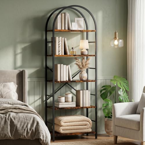 Arched Bookshelf 5 Tier Tall Bookcase, Industrial Metal Frame Book Shelf with X Reinforced Structure, Adjustable Feet Storage Display Shelf for Living Room Bedroom Office Rustic Brown