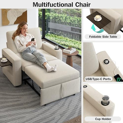 Sunny Heart 42.5" W Oversized Sleeper Chair Bed, 3-in-1 Convertible Reclining Sofa Chair with Pull Out Couch Bed, Adjustable Backrest, Side Pockets, Cup Holder, USB Ports & Side Table, Premium Beige - color: Beige, size: 42.5 inch