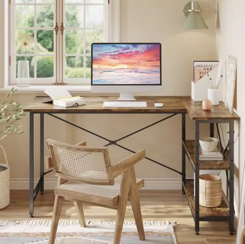 L-Shaped Rustic Brown Desk with Adjustable Shelves, 55 inches OD51664