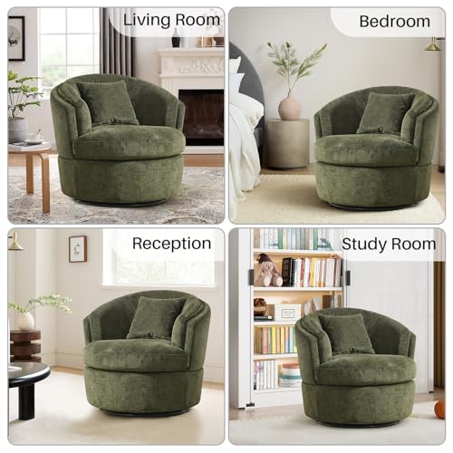 Swivel Accent Chair, Widened Round Barrel Chair with Pillow | Wide Padded Seat, Upholstered Polyester, Silent 360° Swivel Barrel Armchair for Living Room Bedroom Reading Nook, Green - color: Green