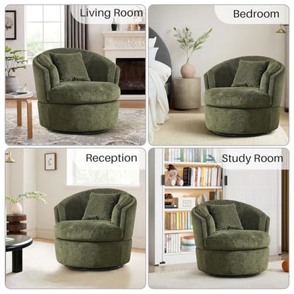 Swivel Accent Chair, Widened Round Barrel Chair with Pillow | Wide Padded Seat, Upholstered Polyester, Silent 360° Swivel Barrel Armchair for Living Room Bedroom Reading Nook, Green - color: Green
