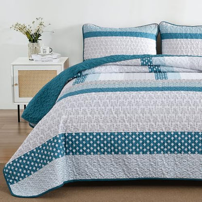 WONGS BEDDING Teal Blue Queen Size Quilt Set, Boho Striped Bedspread | 3 Pieces Ultra Soft Lightweight Bedding Set with 2 Pillow Shams for All Seasons,Reversible Polyester (96"x90") - color: Blue Grey, size: Queen