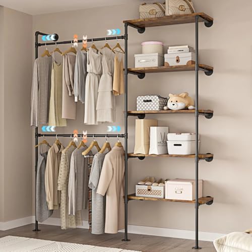 Expandable Industrial Pipe Clothes Rack,Corner Garment Rack | 2 Adjustable Rods& 5 Shelves, Heavy-Duty Iron Pipe Frame, Fits Bedroom & Laundry Room, Expands 48.4"–67.3"