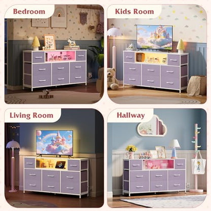 WLIVE LED Dresser TV Stand for 55 Inch TV, 8 Drawers, Purple | Fits TVs up to 55 inch, 8 fabric drawers, LED chest of drawers, Built-in power outlet, Living room or bedroom - color: Purple