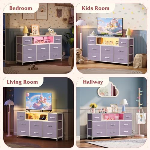 WLIVE LED Dresser TV Stand for 55 Inch TV, 8 Drawers, Purple | Fits TVs up to 55 inch, 8 fabric drawers, LED chest of drawers, Built-in power outlet, Living room or bedroom - color: Purple