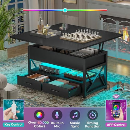 Itaar 40" Lift Top Coffee Table, 4 in 1 Coffee Tables with Storage for Living Room, Small Farmhouse Coffee Table with 2 Drawers & LED Light for Dining Reception Room, Black - color: Black