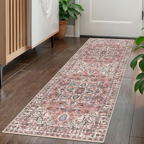 KOZYFLY Runners for Hallways 2x5 Ft Washable Kitchen Runner Rug Boho Runner Rug for Entryway Indoor Printed Oriental Faux Wool Floor Carpet Runner for Laundry Room Kitchen Hall, Red Salmon/Pink/Navy - color: Red Salmon/Pink/Navy, size: 2' x 5' (Runner)