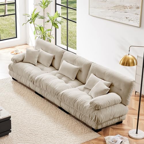 Modular Sectional Sofa for Living Room,134" Comfy Cloud Couch,3 Seater Beige Large Sectional Couches with Round Bolster Armrests,Fluffy Couch Set with Deep Seat - color: Chenille Beige, size: 3-Seat