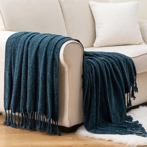 BATTILO HOME Navy Blue Chenille Throw Blanket for Couch, Soft Cozy Textured Knit Throw Blanket with Handmade Fringe Tassels, Lightweight Decorative Farmhouse Blanket for Sofa Bed Chair, 50"x60" | Soft Chenille Knit with Handmade Fringe Tassels, Lightweigh
