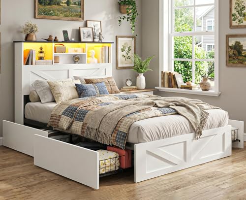AOGLLATI Twin Bed with Storage Bookcase Headboard and 4 Drawers,Wooden Farmhouse Twin Bed Frame with Charging Station, Led Lights & Metal Slats,White - color: White, size: Twin