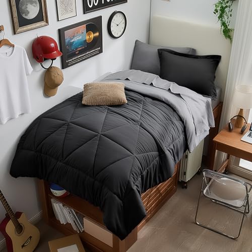 BEDELITE Twin XL Comforter Set 5 Pieces, Reversible Black Bed in A Bag | Soft All Season Down-Alternative Comforter, Sheets, Pillowcases & Shams, OEKO-TEX Certified Bedding for Drom Room, College - color: Black/Dark Grey, size: Twin XL