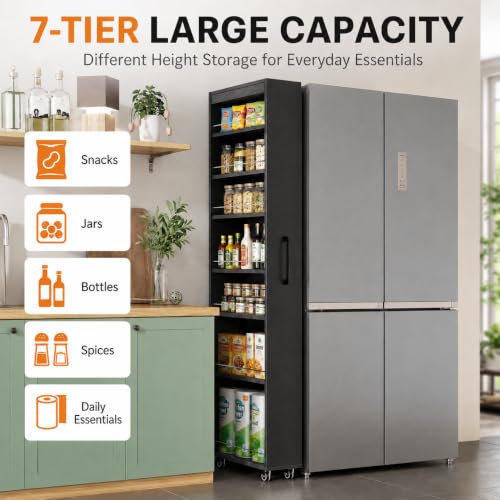 7-Shelf Tall Narrow Storage Cabinet with Wheels, 71 Inch, Black | Slim Pull-Out Organizer, 7.87 Inch Wide for Small Spaces Between Washer/Dryer, Kitchen, Bathroom and Laundry Room - color: E-black