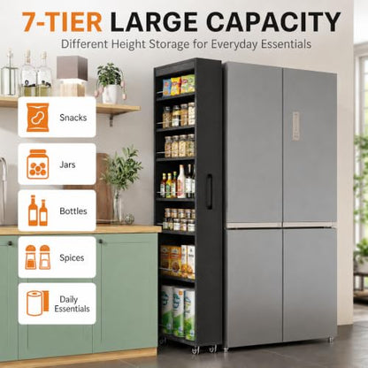 7-Shelf Tall Narrow Storage Cabinet with Wheels, 71 Inch, Black | Slim Pull-Out Organizer, 7.87 Inch Wide for Small Spaces Between Washer/Dryer, Kitchen, Bathroom and Laundry Room - color: E-black