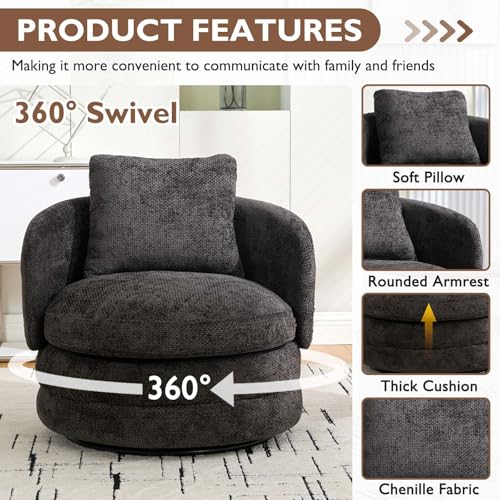 Round Swivel Barrel Chair with Comfy Pillow, Beige Small Accent Chair with Curved Backrest, Modern Upholstered Armchair & Chenille Barrel Accent Chairs for Living Room Bedroom Office (Dark Gray) - color: Dark Gray