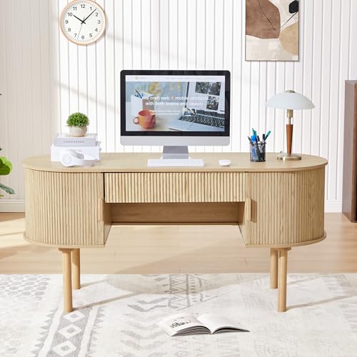 Home Office Oval Desk with Sliding Tambour Door and Drawer, Modern Fluted Wood Executive Computer Storage Desk for Study, Living Room, Bedroom, Office - Natural - color: Natural