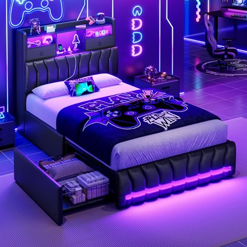 DICTAC Twin Bed Frames with Storage Headboard and 2 Large Drawers, Gaming Bed with RGB Lights and Charging Station, Leather Upholstered Platform Bed, Esports-Style Bed, No Box Spring Needed, Black - color: Black, size: Twin