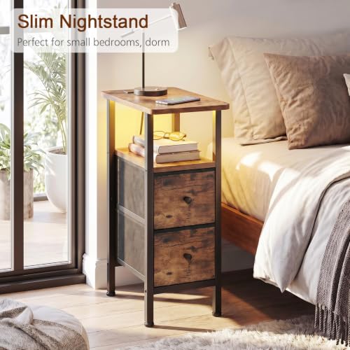 Narrow End Table with Charging Station, Small Nightstand | Skinny Side Tables Living Room with 2 Fabric Drawers, Bedside Table with LED Lights for Bedroom, Small Spaces, Rustic Brown - color: Rustic Brown + Black, size: 23.22''H (2 Drawers), style: Power