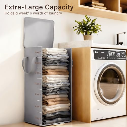 Laundry Hamper with Lid and Foot Pedal, 100L Fabric Laundry Basket with Removable Mesh Bag, Slim Foldable Design for Bathroom and Laundry Room (Gery)