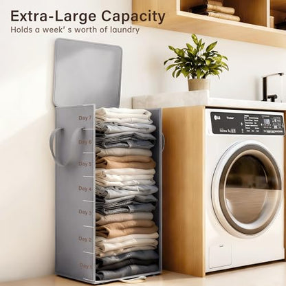 Laundry Hamper with Lid and Foot Pedal, 100L Fabric Laundry Basket with Removable Mesh Bag, Slim Foldable Design for Bathroom and Laundry Room (Gery)